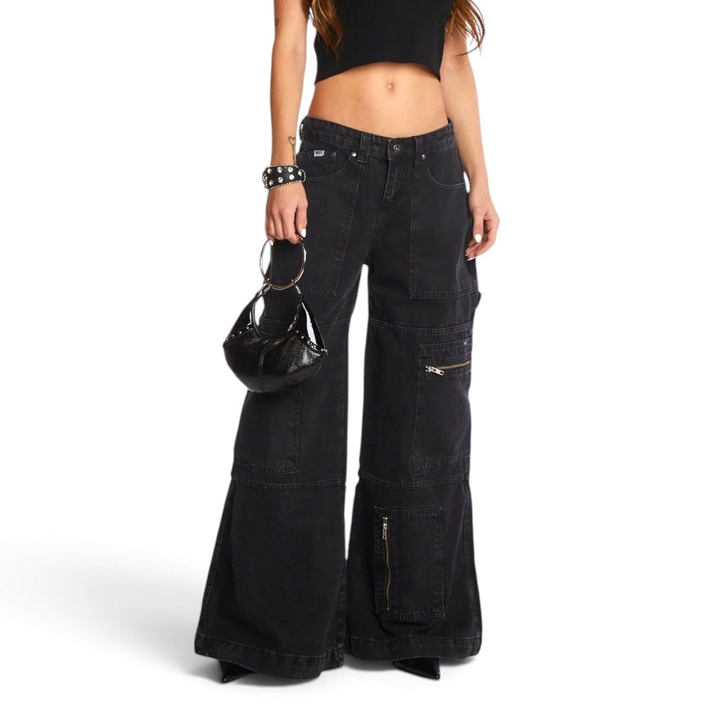 The Ragged Priest Sweeper Zip Jean Womens 28 Charcoal Wide Leg Cargo Skater NEW